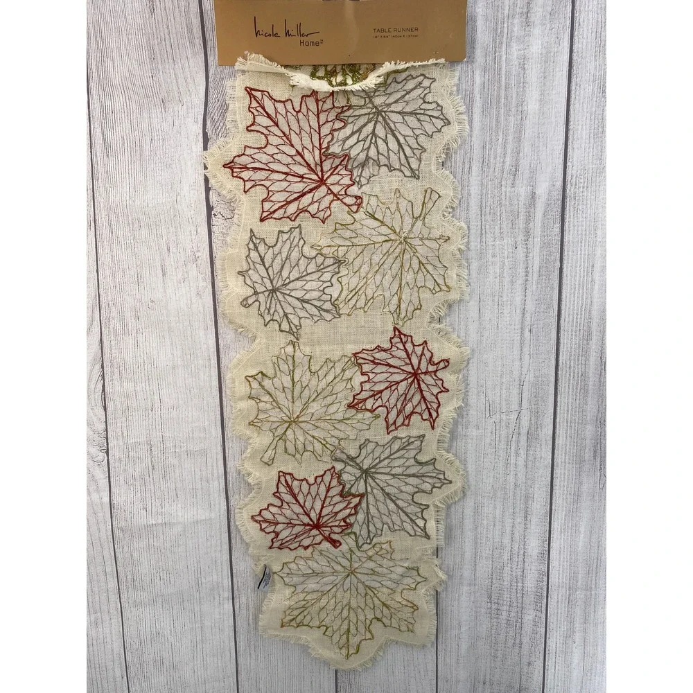 Nicole Miller Home Table Runner Fall 16x54 Cream Jute Beaded Embroidered Leaves